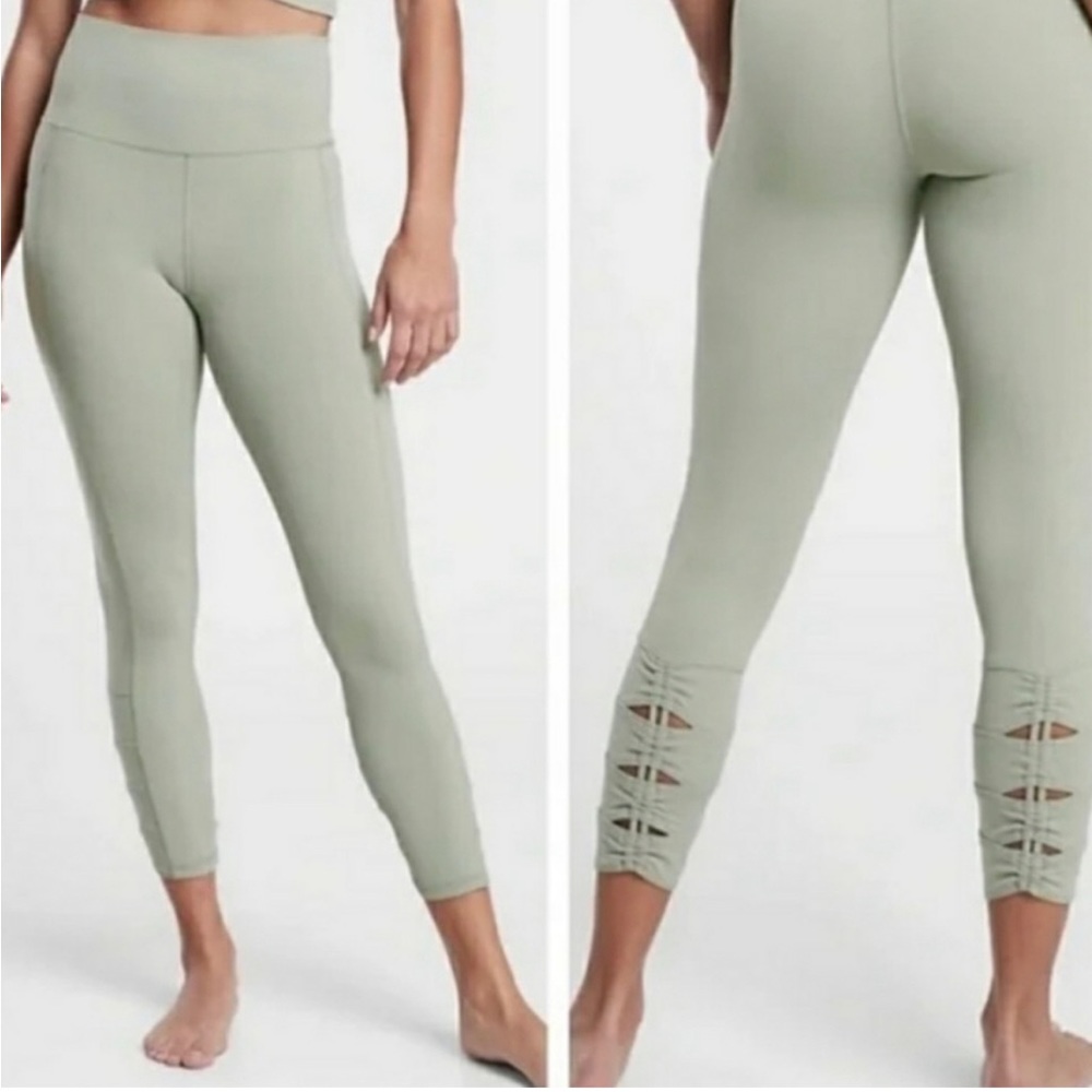 Athleta Sage Green High-Waist Capri Leggings with Lattice Hem
